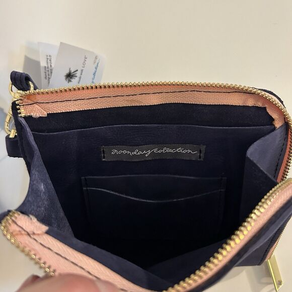 noonday collection Wrist Purse Navy Suede Pink Trim 7” Square W/ Zipper Closure - Picture 4 of 10